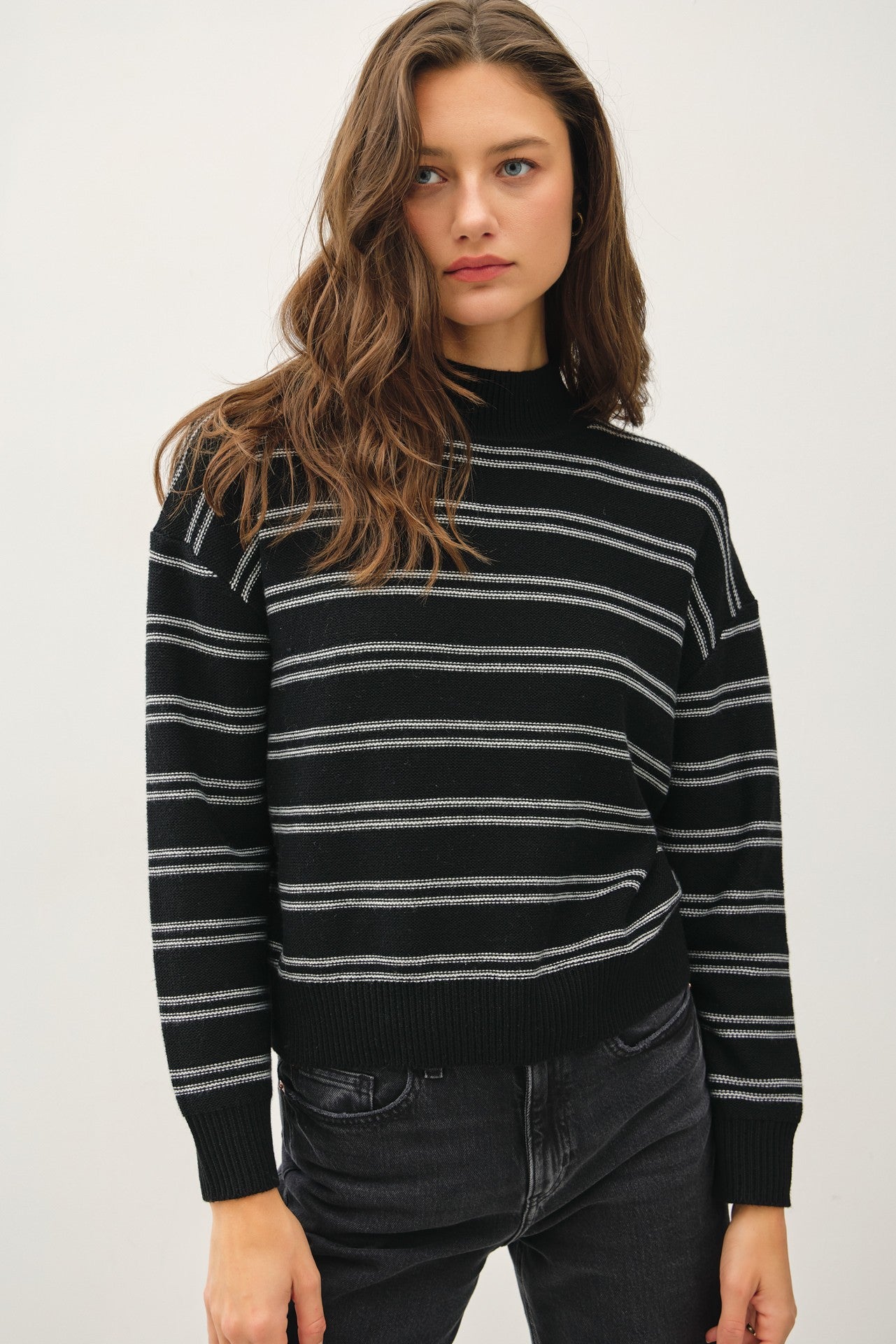 NYLAND Holly Ribbed Knit Double Stripe Mockneck Sweater