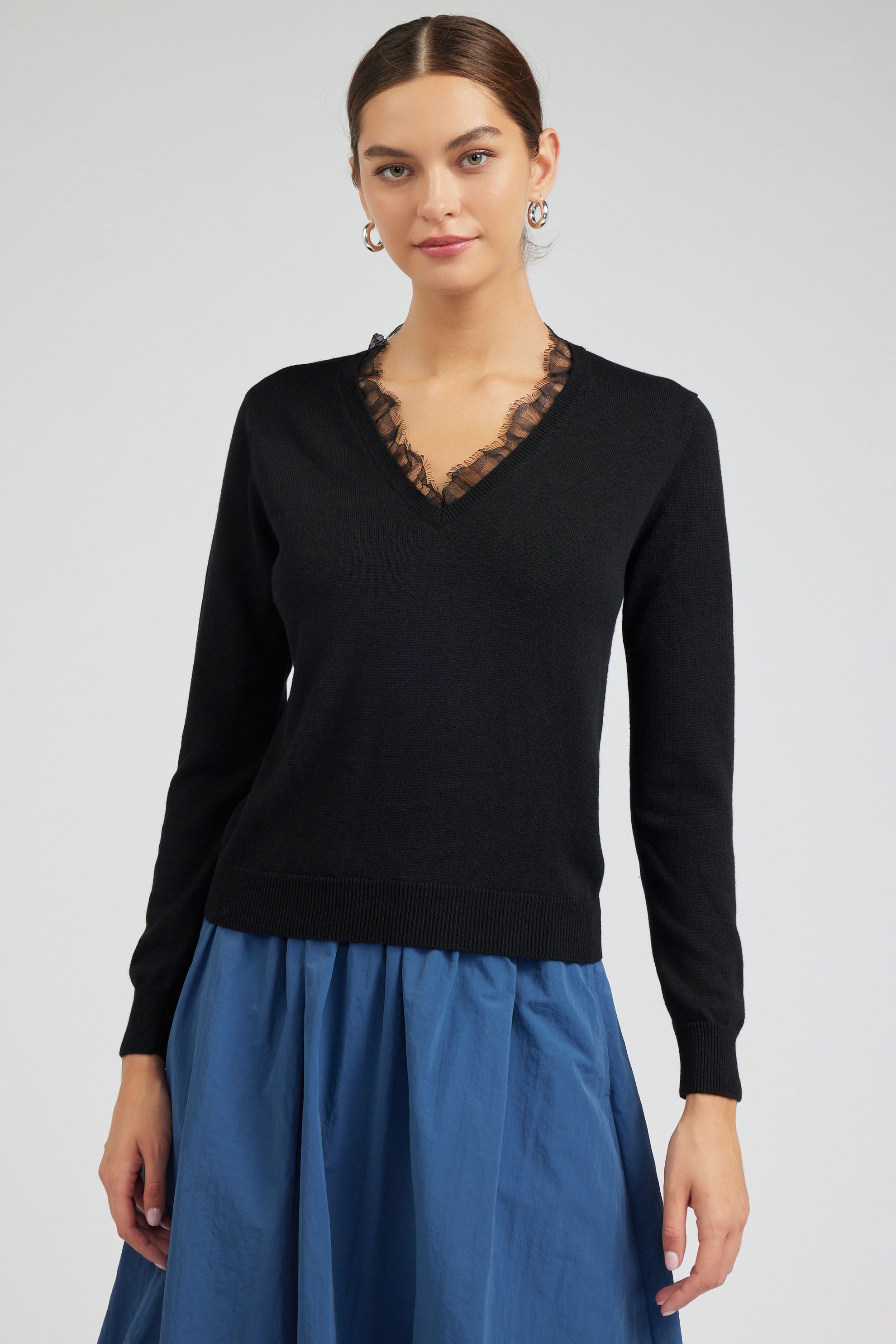 NYLAND Aspen V-Neck Lace Detail Sweater Black