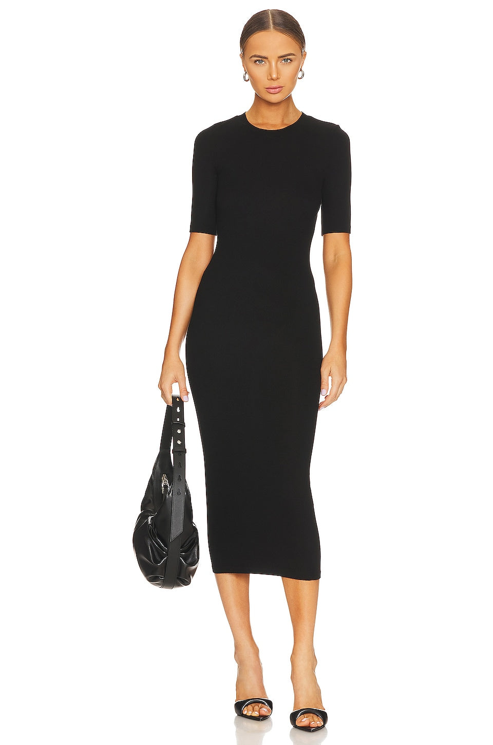 Enza Costa Silk Rib Half Sleeve Midi Dress Black