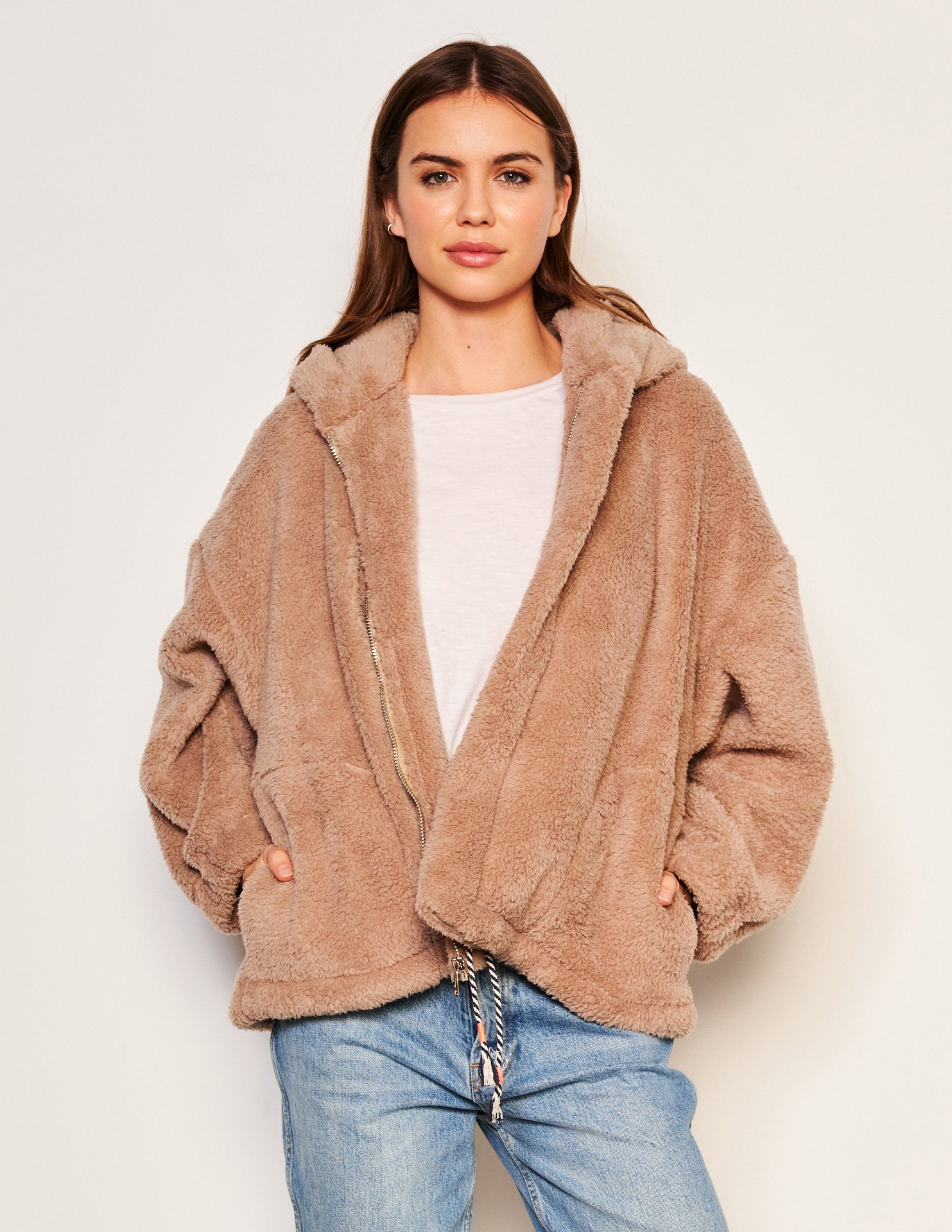 Sundry Sherpa Hooded Coat Taupe
