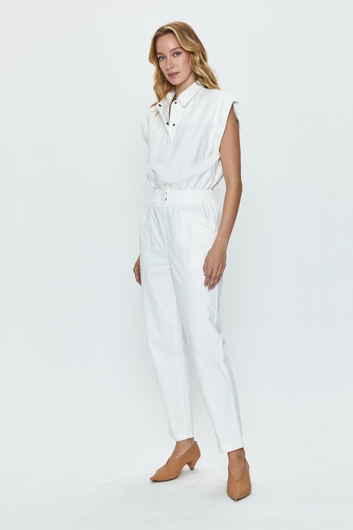 PISTOLA Rosie Shoulder Pad Jumpsuit in Porcelain