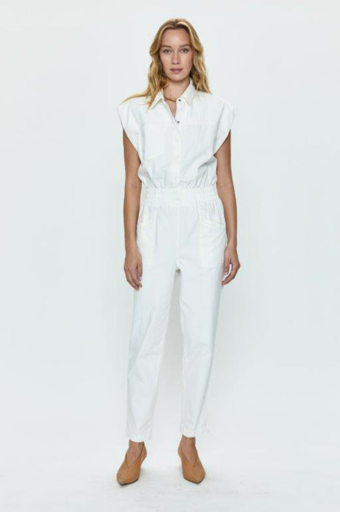 PISTOLA Rosie Shoulder Pad Jumpsuit in Porcelain