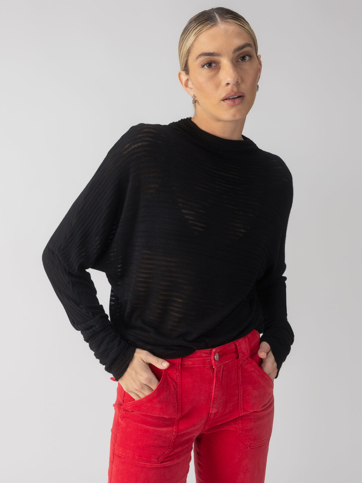 Sanctuary Sheer Stripe Funnel Neck Top Black